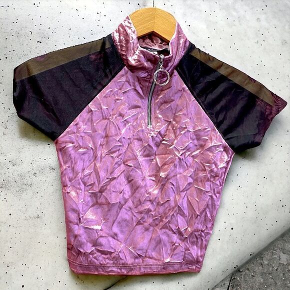 Dolls Kill Velvet and Mesh Crop Mock Neck Zip Up Top - Picture 1 of 7